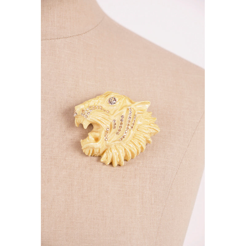 NEW $550 GUCCI Ivory Tone Resin RAJAH TIGER Crystal Hollywood Style BROOCH PINs