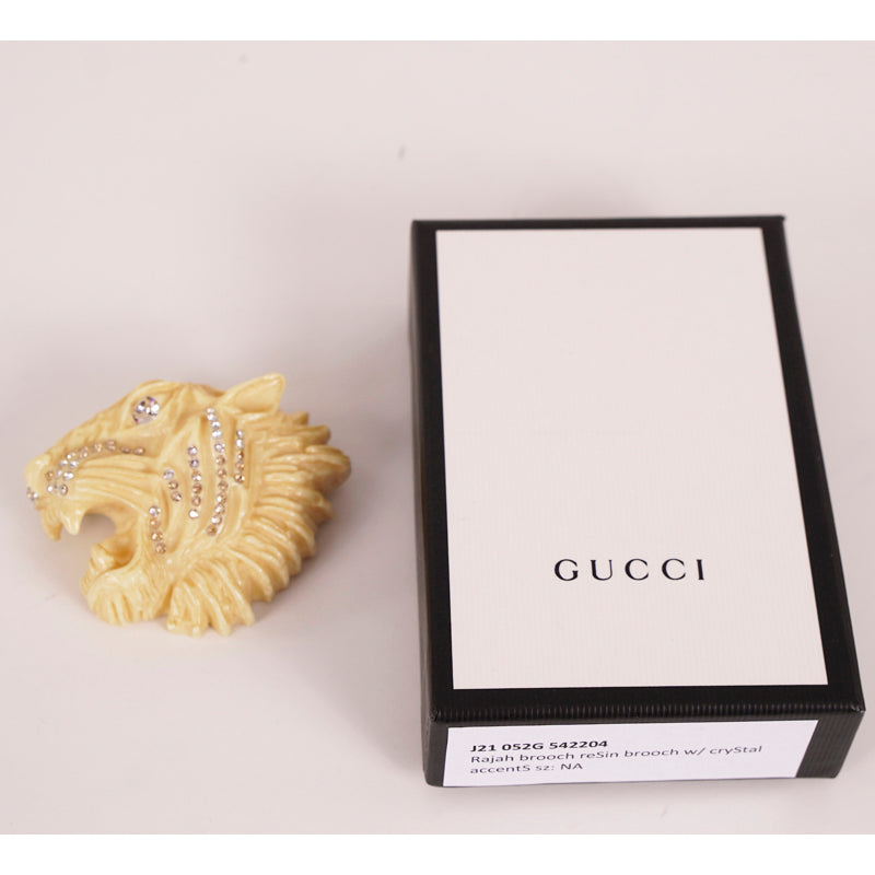 NEW $550 GUCCI Ivory Tone Resin RAJAH TIGER Crystal Hollywood Style BROOCH PINs