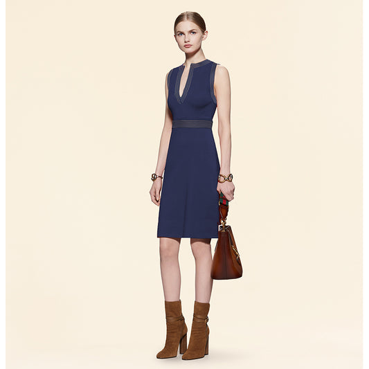 sz L US 8 NEW $2,100 GUCCI Blue Jersey TAN STITCH Crepe Viscose SLEEVELESS DRESS NWT
