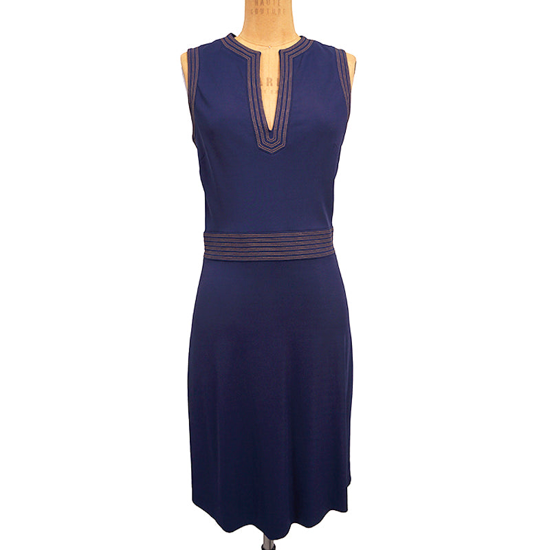 sz L US 8 NEW $2,100 GUCCI Blue Jersey TAN STITCH Crepe Viscose SLEEVELESS DRESS NWT