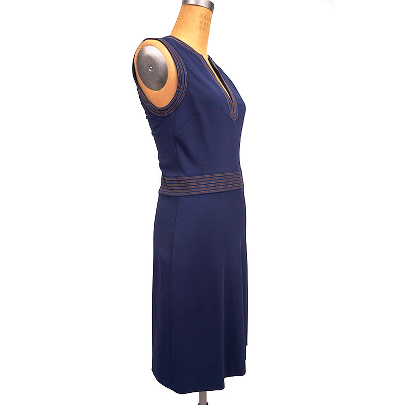 sz L US 8 NEW $2,100 GUCCI Blue Jersey TAN STITCH Crepe Viscose SLEEVELESS DRESS NWT