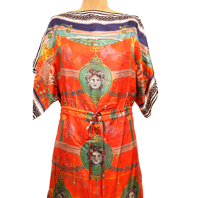 sz 36 NEW $3,200 GUCCI Orange ROMAIN TALE GREEK PRINT Silk Twill Caftan DRESS XS
