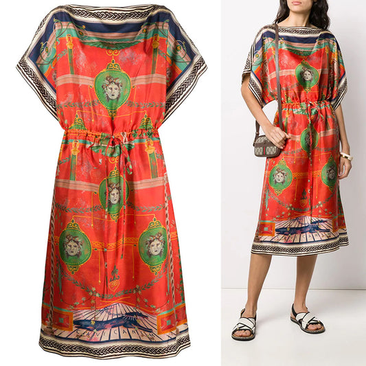 sz 36 NEW $3,200 GUCCI Orange ROMAIN TALE GREEK PRINT Silk Twill Caftan DRESS XS