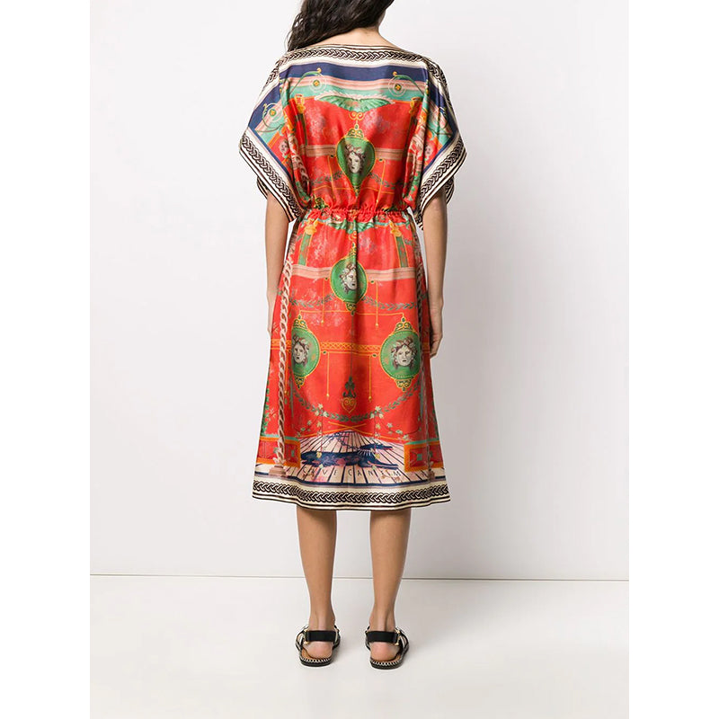 sz 36 NEW $3,200 GUCCI Orange ROMAIN TALE GREEK PRINT Silk Twill Caftan DRESS XS
