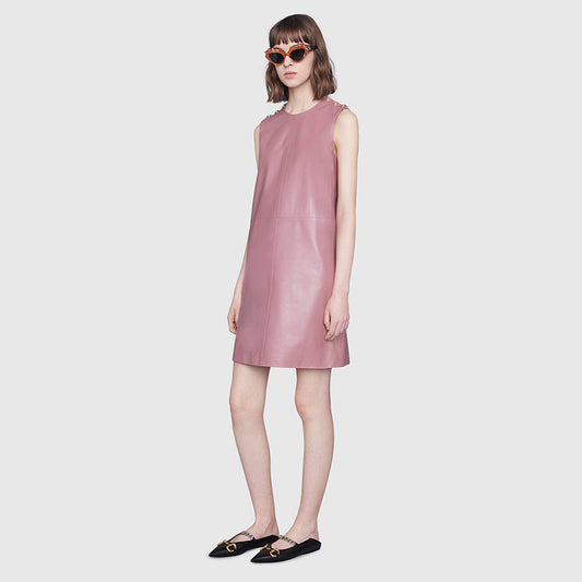 38 XS NEW $2,700 GUCCI Peony Blush Pink LEATHER Mod Retro Straight SHIFT DRESS