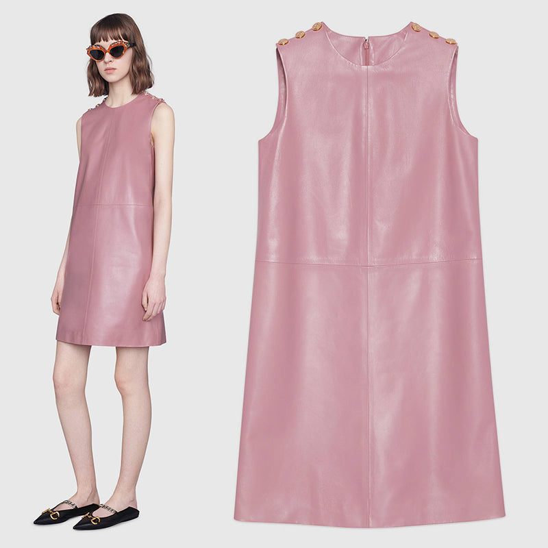 38 XS NEW $2,700 GUCCI Peony Blush Pink LEATHER Mod Retro Straight SHIFT DRESS