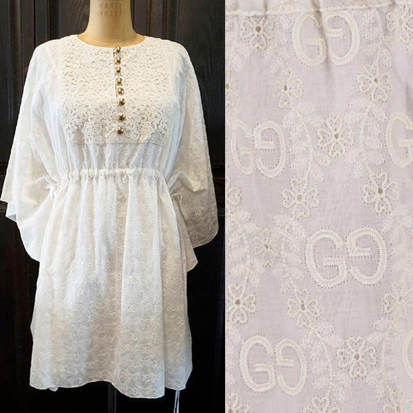 sz 40 NEW $3,300 GUCCI Ivory GG & FLOWER EMBROIDERED Short Summer DRESS & SLIP