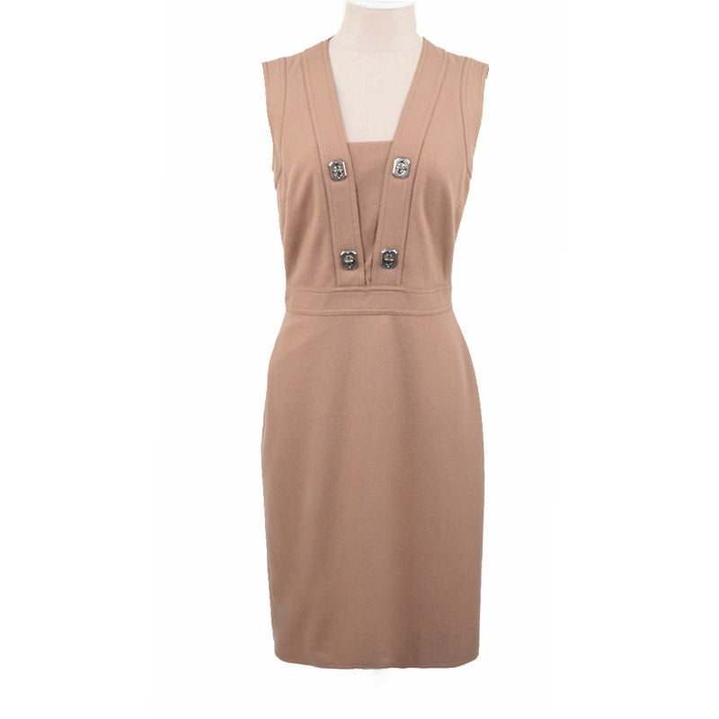 sz M NEW $2300 GUCCI Camel Tan WOOL JERSEY Aged Metal TURNLOCK Accent Fall DRESS