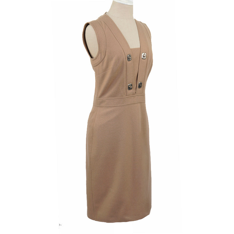 sz M NEW $2300 GUCCI Camel Tan WOOL JERSEY Aged Metal TURNLOCK Accent Fall DRESS