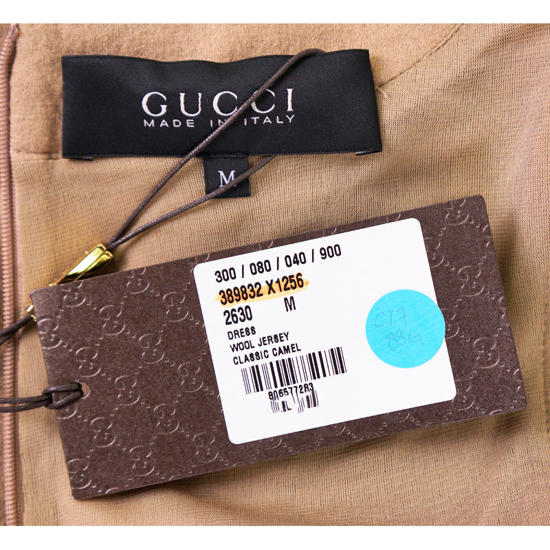 sz M NEW $2300 GUCCI Camel Tan WOOL JERSEY Aged Metal TURNLOCK Accent Fall DRESS