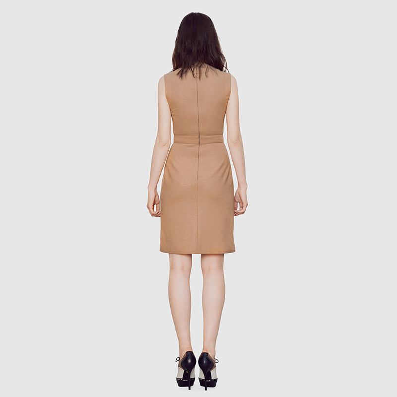 sz M NEW $2300 GUCCI Camel Tan WOOL JERSEY Aged Metal TURNLOCK Accent Fall DRESS