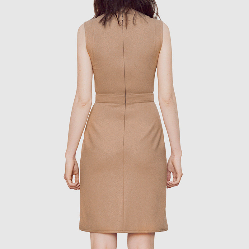 sz M NEW $2300 GUCCI Camel Tan WOOL JERSEY Aged Metal TURNLOCK Accent Fall DRESS