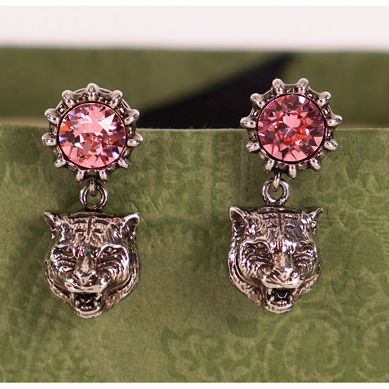 NEW $495 GUCCI Pink Crystal Stud Silver Tone FELINE TIGER CAT Dangle EARRINGS
