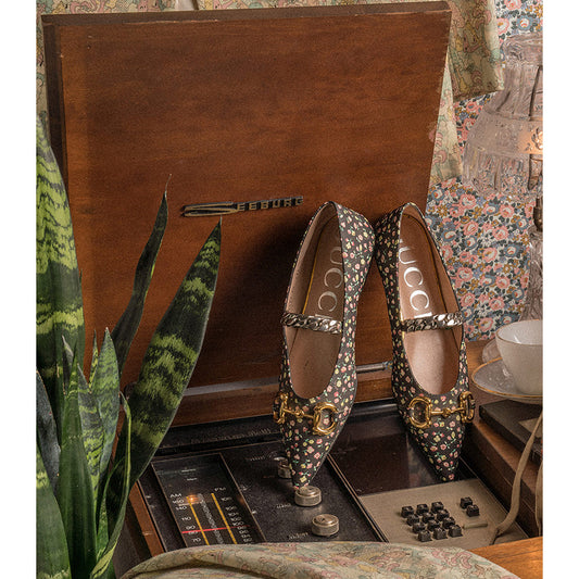 38.5 NEW $890 GUCCI X LIBERTY COLLECTION Blue FLORAL BIRD PRINT Horsebit FLATS