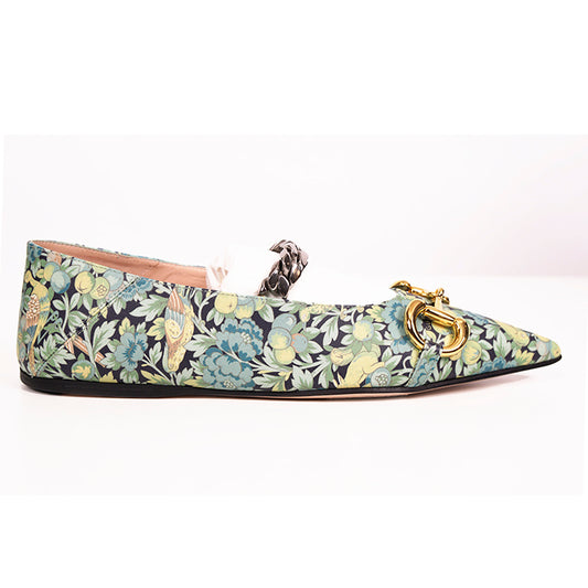 37 NEW $890 GUCCI X LIBERTY COLLECTION Blue FLORAL BIRD PRINT Horsebit FLATS NIB