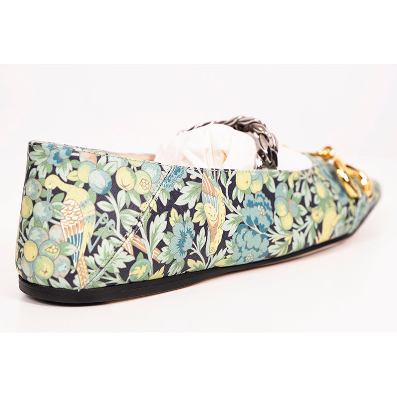 37 NEW $890 GUCCI X LIBERTY COLLECTION Blue FLORAL BIRD PRINT Horsebit FLATS NIB