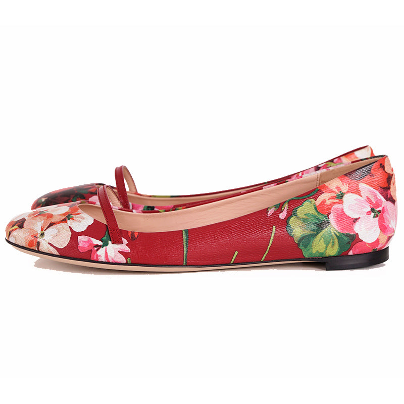 sz 37 NEW $695 GUCCI Shanghai Red Leather FLORAL BLOOMS Classic BALLET FLATS NIB