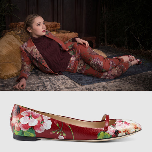 sz 37 NEW $695 GUCCI Shanghai Red Leather FLORAL BLOOMS Classic BALLET FLATS NIB