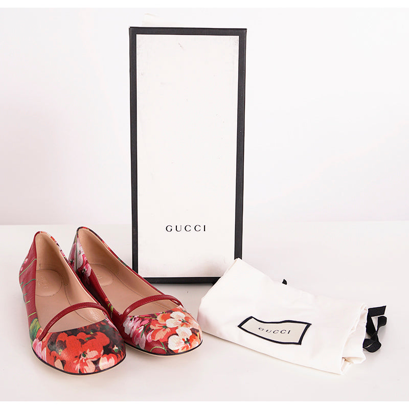 sz 37 NEW $695 GUCCI Shanghai Red Leather FLORAL BLOOMS Classic BALLET FLATS NIB