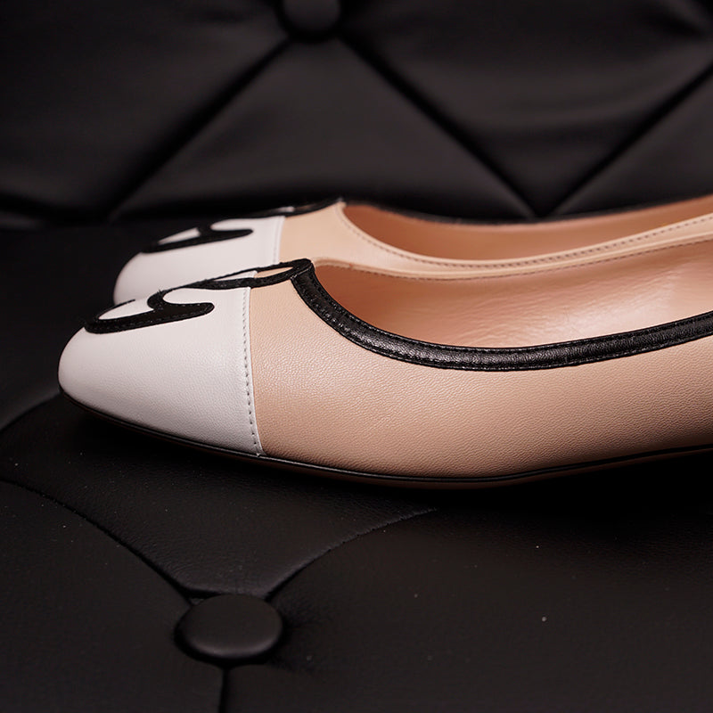 37 NEW $750 GUCCI Nude Blush Pink White Accent Leather Black LOGO G BALLET FLATS