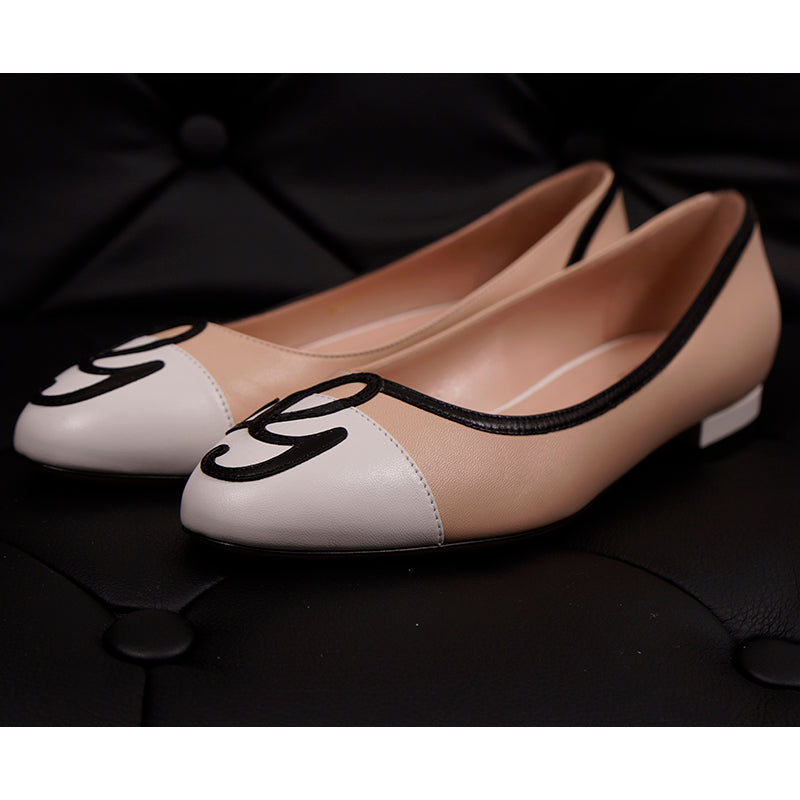 37 NEW $750 GUCCI Nude Blush Pink White Accent Leather Black LOGO G BALLET FLATS