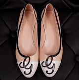 37 NEW $750 GUCCI Nude Blush Pink White Accent Leather Black LOGO G BALLET FLATS