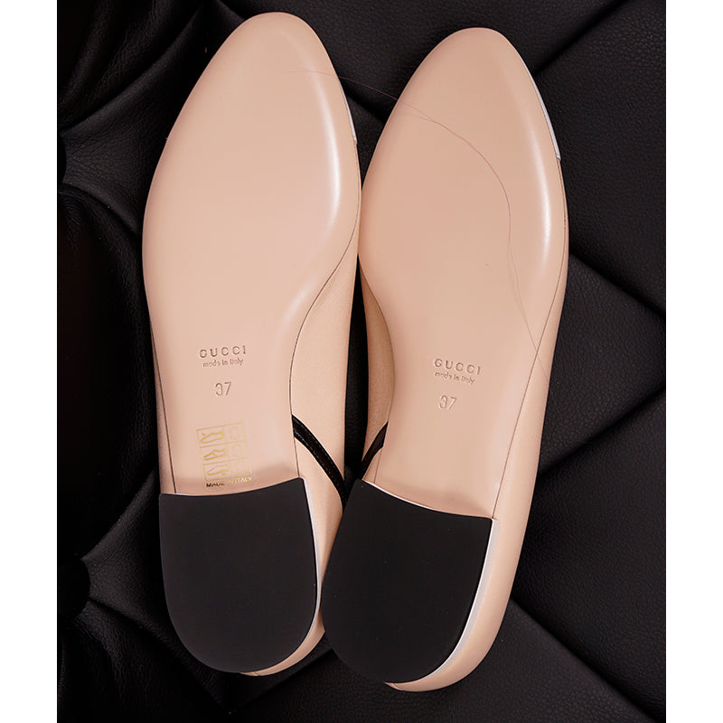 37 NEW $750 GUCCI Nude Blush Pink White Accent Leather Black LOGO G BALLET FLATS