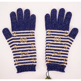 NEW $395 GUCCI Navy Blue & Ivory White Striped Wool Blend GOLD GG Logo GLOVES