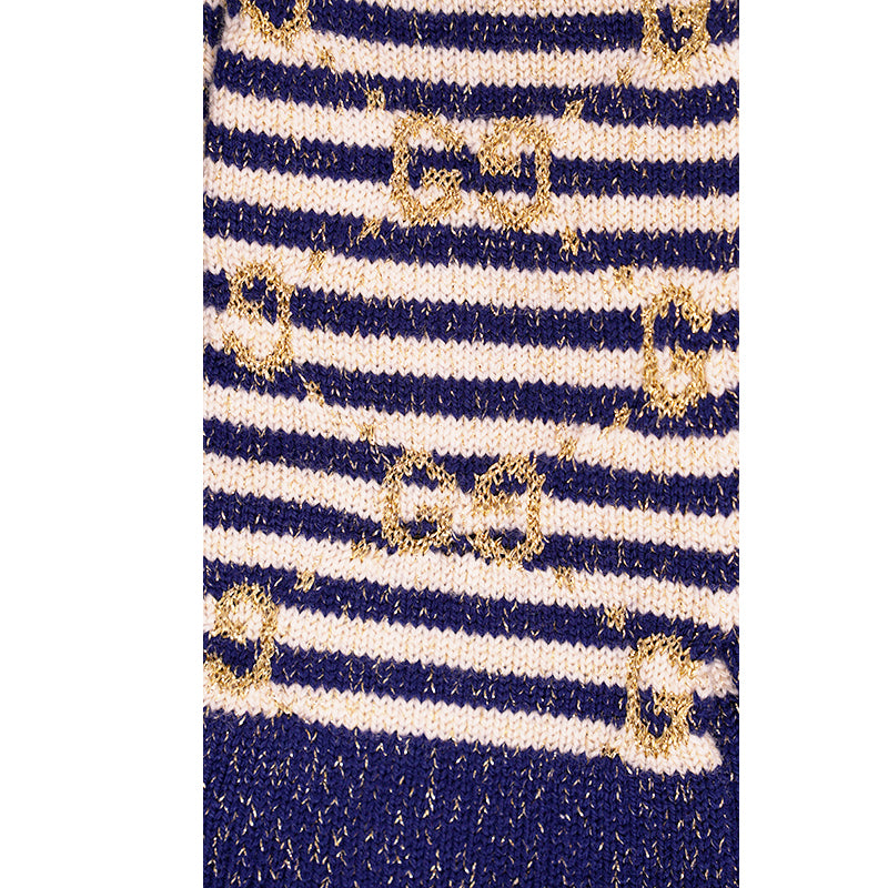 NEW $395 GUCCI Navy Blue & Ivory White Striped Wool Blend GOLD GG Logo GLOVES