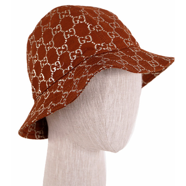 M NEW $590 GUCCI Rust Brown PALE GOLD GG LOGO LAME Wool Blend BUCKET FEDORA HAT