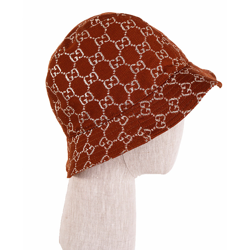 M NEW $590 GUCCI Rust Brown PALE GOLD GG LOGO LAME Wool Blend BUCKET FEDORA HAT