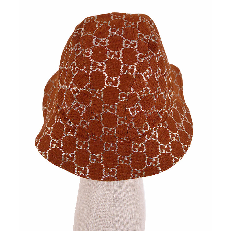 M NEW $590 GUCCI Rust Brown PALE GOLD GG LOGO LAME Wool Blend BUCKET FEDORA HAT