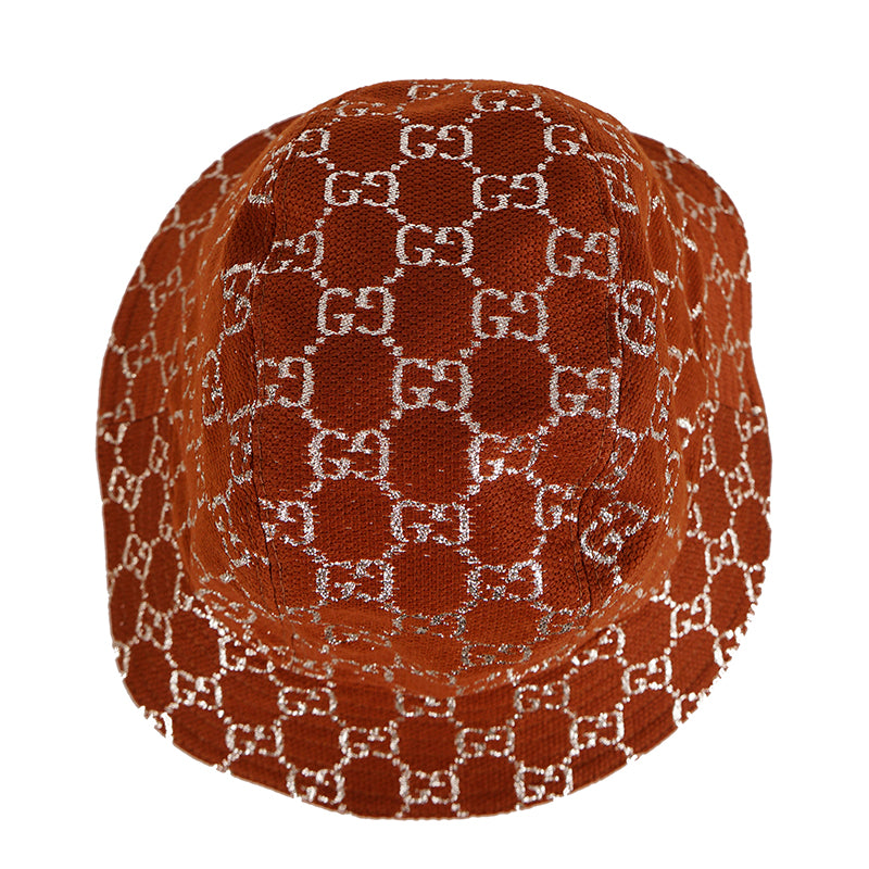 M NEW $590 GUCCI Rust Brown PALE GOLD GG LOGO LAME Wool Blend BUCKET FEDORA HAT