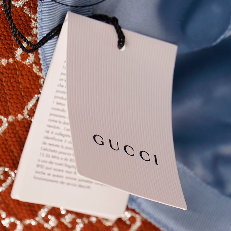 M NEW $590 GUCCI Rust Brown PALE GOLD GG LOGO LAME Wool Blend BUCKET FEDORA HAT