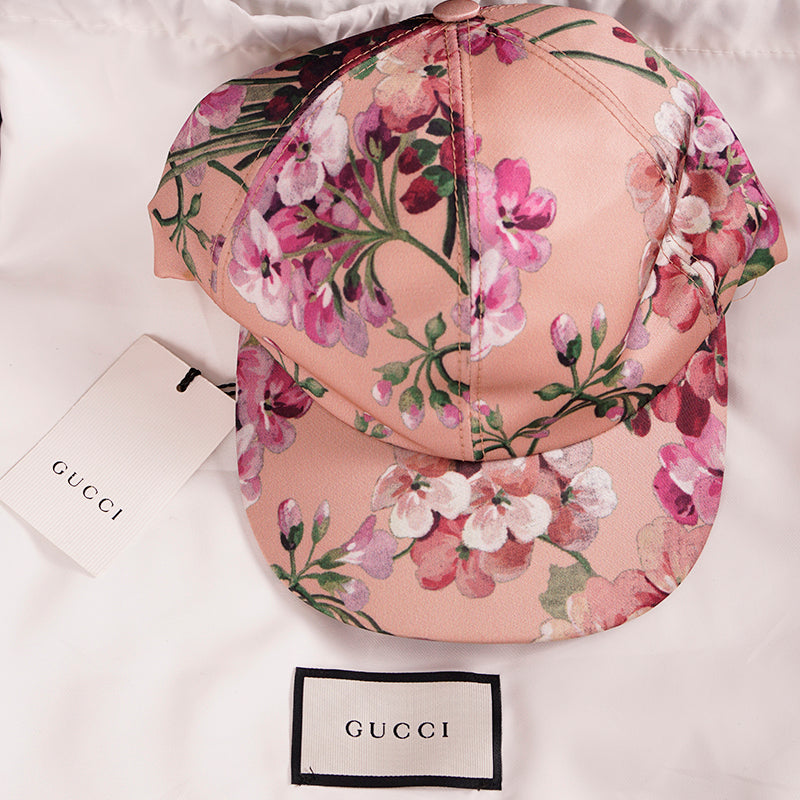 sz S NEW $650 GUCCI Woman's Pink Silk FLORAL BLOOMS Adjustable Baseball CAP HAT