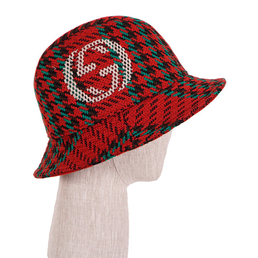 sz M NEW $790 GUCCI Red & Green WOOL HOUNDSTOOTH Large GG Logo Fedora Bucket HAT