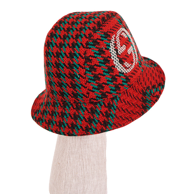 sz M NEW $790 GUCCI Red & Green WOOL HOUNDSTOOTH Large GG Logo Fedora Bucket HAT