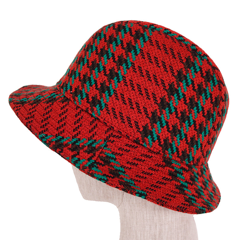 sz M NEW $790 GUCCI Red & Green WOOL HOUNDSTOOTH Large GG Logo Fedora Bucket HAT
