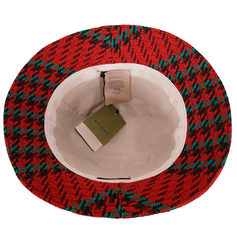 sz M NEW $790 GUCCI Red & Green WOOL HOUNDSTOOTH Large GG Logo Fedora Bucket HAT
