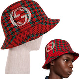 sz M NEW $790 GUCCI Red & Green WOOL HOUNDSTOOTH Large GG Logo Fedora Bucket HAT