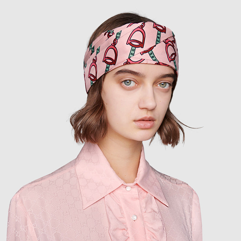 M NEW $450 GUCCI Pink Equestrian STIRRUPS LOGO PRINT Classic SILK TWILL HEADBAND