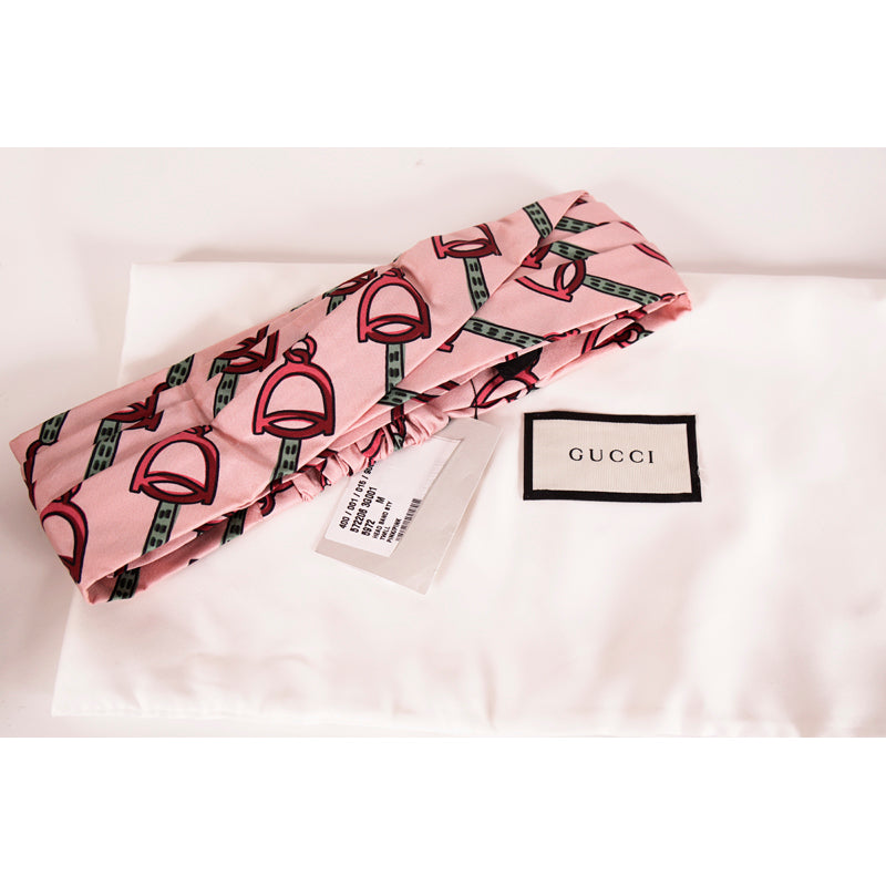 M NEW $450 GUCCI Pink Equestrian STIRRUPS LOGO PRINT Classic SILK TWILL HEADBAND