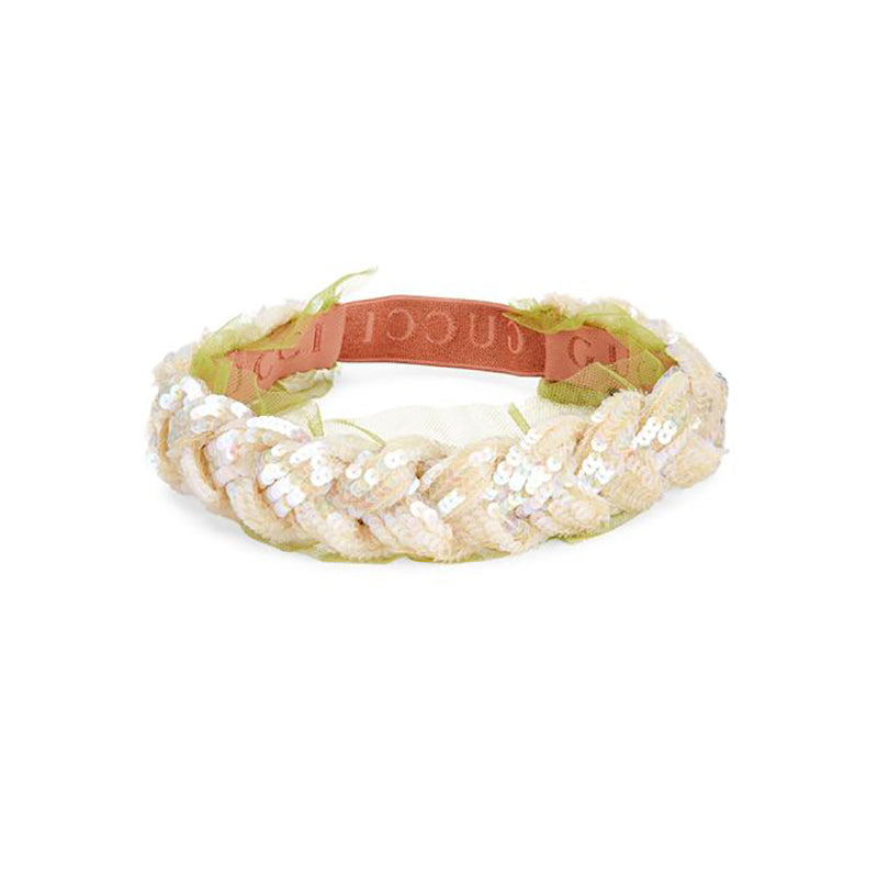 NEW $750 GUCCI Ivory White IRIDESCENT SEQUIN Punzil Embellished Braided HEADBAND