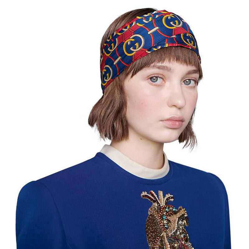 sz M NEW $450 GUCCI Blue & Red Rhombus GG LOGO PRINT Classic SILK TWILL HEADBAND