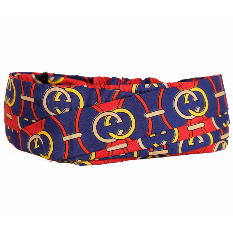 sz M NEW $450 GUCCI Blue & Red Rhombus GG LOGO PRINT Classic SILK TWILL HEADBAND