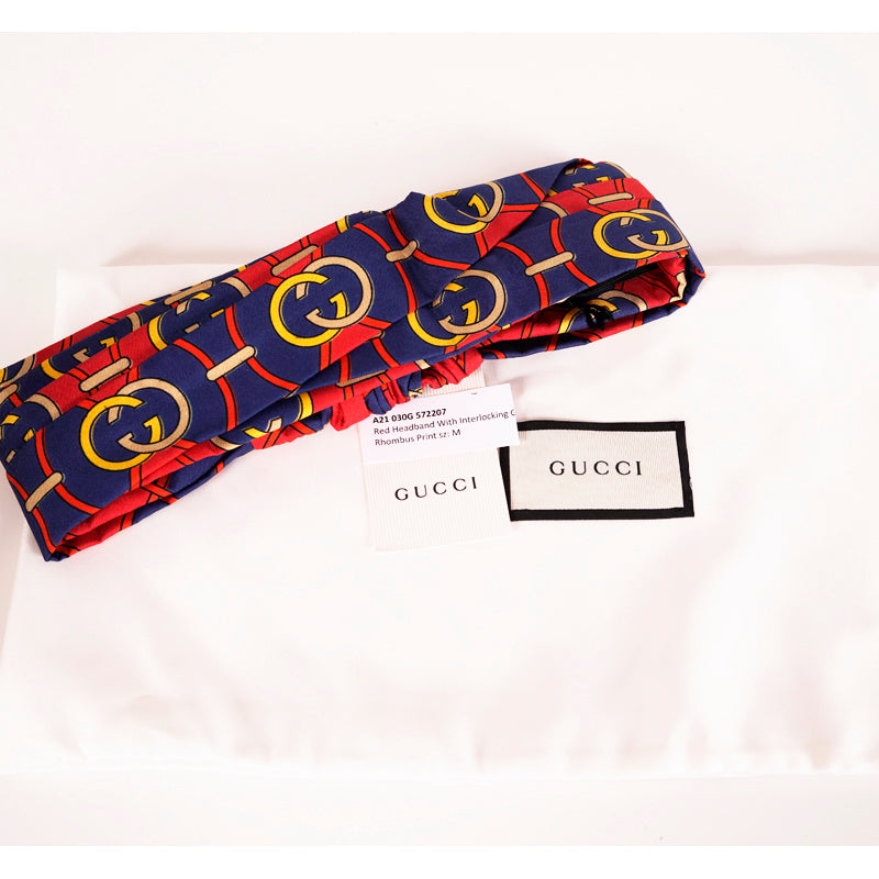 sz M NEW $450 GUCCI Blue & Red Rhombus GG LOGO PRINT Classic SILK TWILL HEADBAND