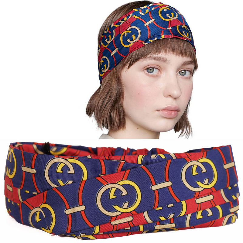 sz M NEW $450 GUCCI Blue & Red Rhombus GG LOGO PRINT Classic SILK TWILL HEADBAND