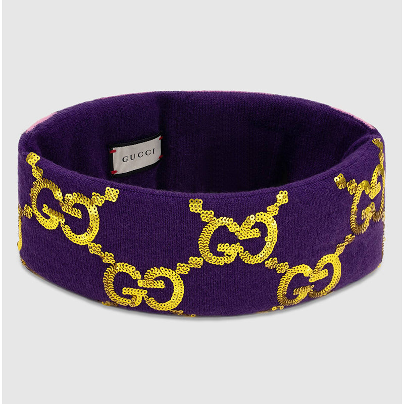 sz M NEW $590 GUCCI Violet Purple GOLD SEQUIN GG LOGO Wide Padded WOOL HEADBAND