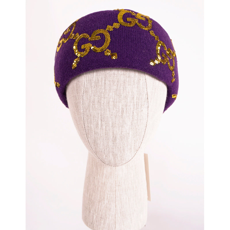 sz M NEW $590 GUCCI Violet Purple GOLD SEQUIN GG LOGO Wide Padded WOOL HEADBAND