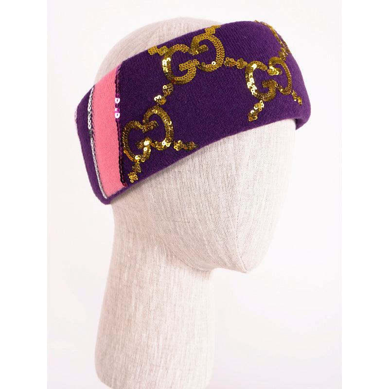 sz M NEW $590 GUCCI Violet Purple GOLD SEQUIN GG LOGO Wide Padded WOOL HEADBAND